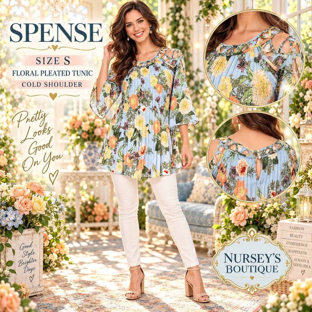 Spense Floral Pleated Tunic Top Small Cold Shoulder Bell Sleeve Boho Blue
